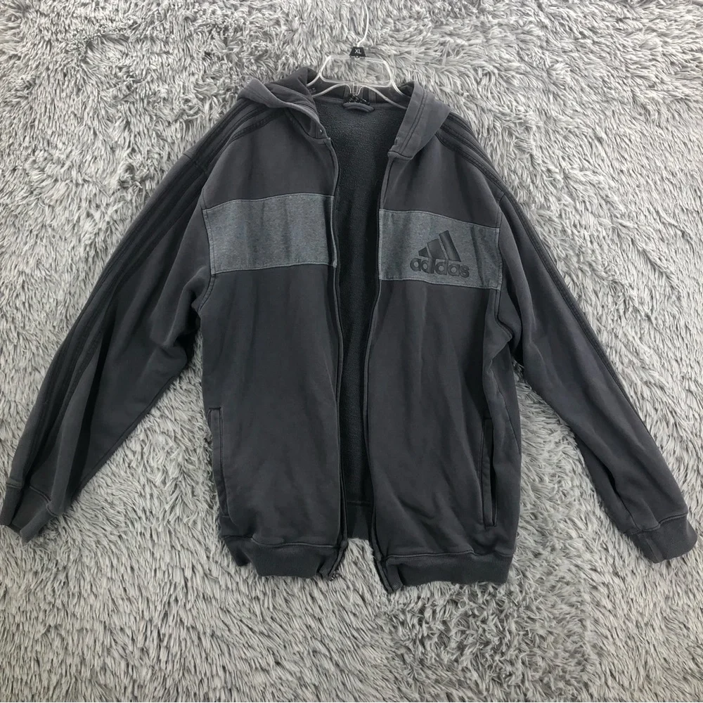 Adidas Jacket Mens XL Gray Jacket Hood Logo 3 Stripe Athletic Workout